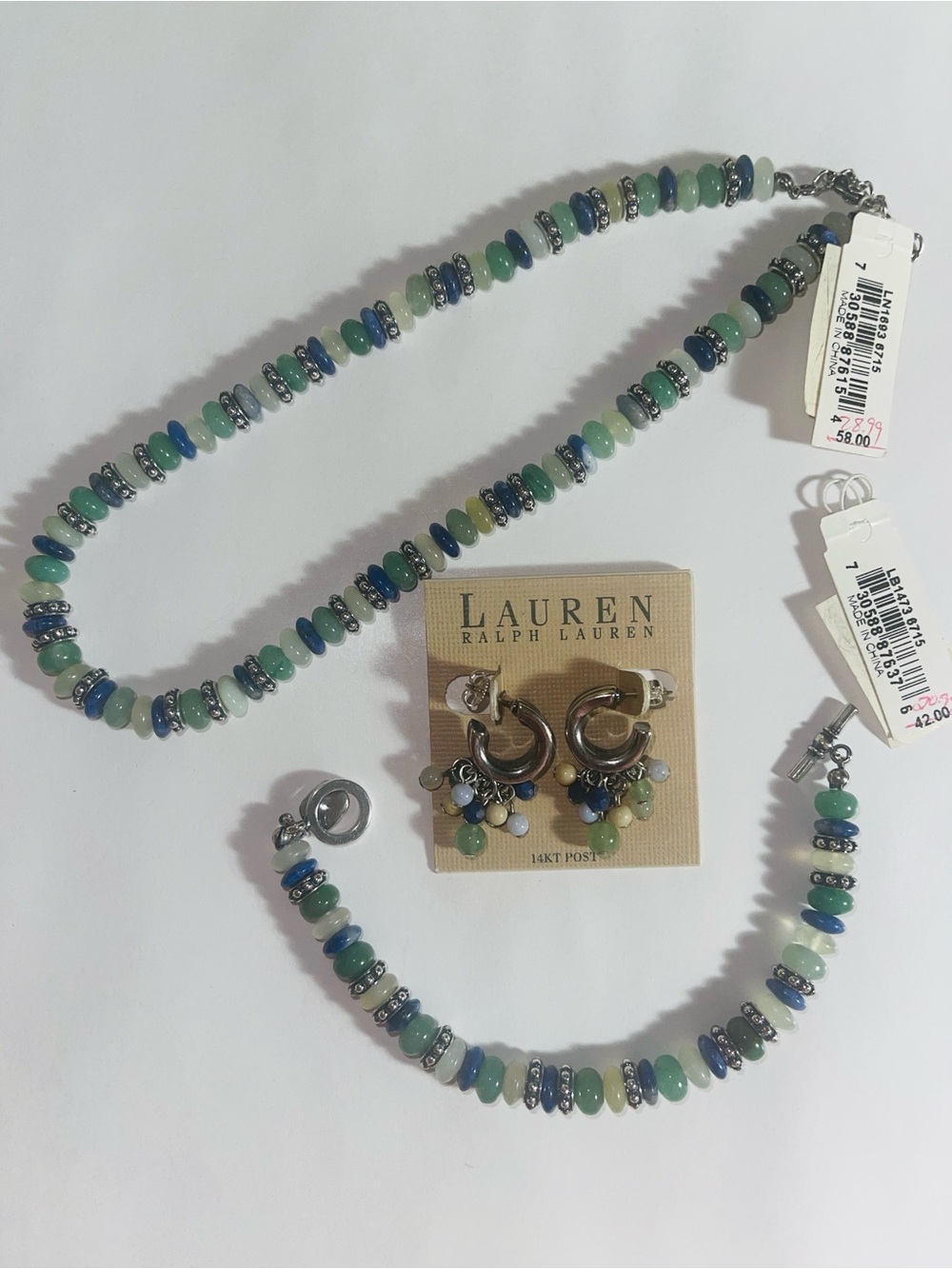 Ralph Lauren Green and Blue Beaded Necklace, Bracelet & Earring Set